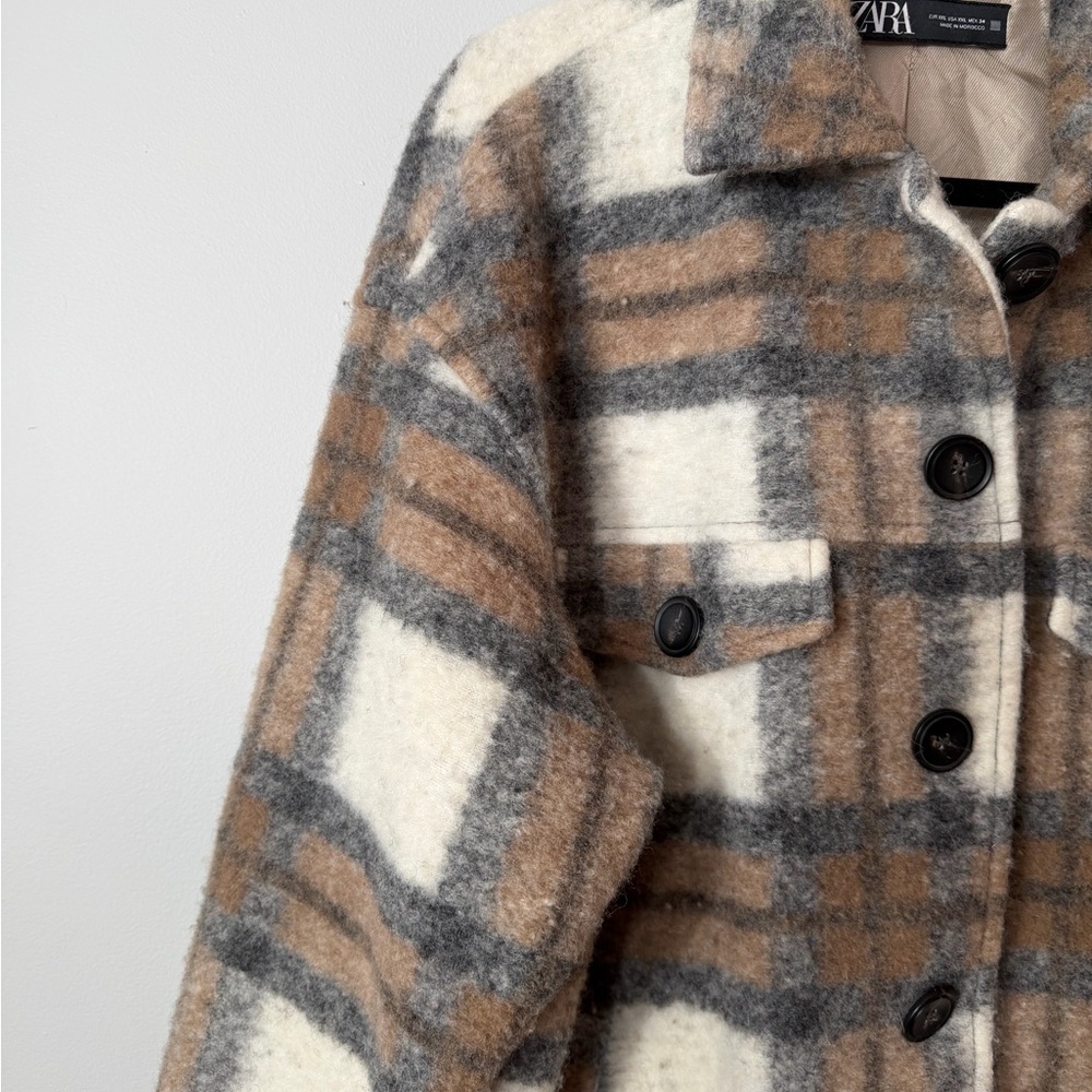 ZARA Plaid Wool Blend Shacket Jacket XXL Oversized Beige Brown Coat - Picture 4 of 6
